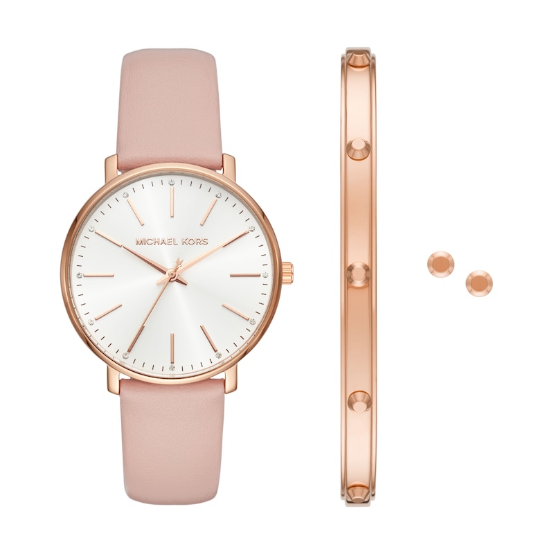 Michael Kors Ladies' Pyper Pink Leather Strap Watch And Stainless Steel Bracelet & Earring Gift Set