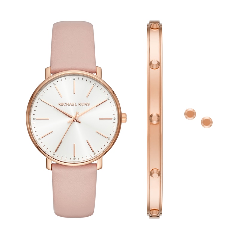 Main Image 1 of Michael Kors Ladies' Pyper Pink Leather Strap Watch And Stainless Steel Bracelet & Earring Gift Set