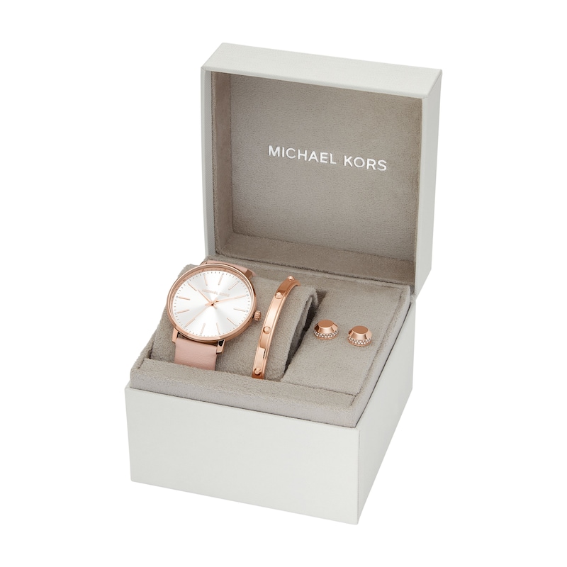 Michael Kors Ladies' Pyper Pink Leather Strap Watch And Stainless Steel Bracelet & Earring Gift Set