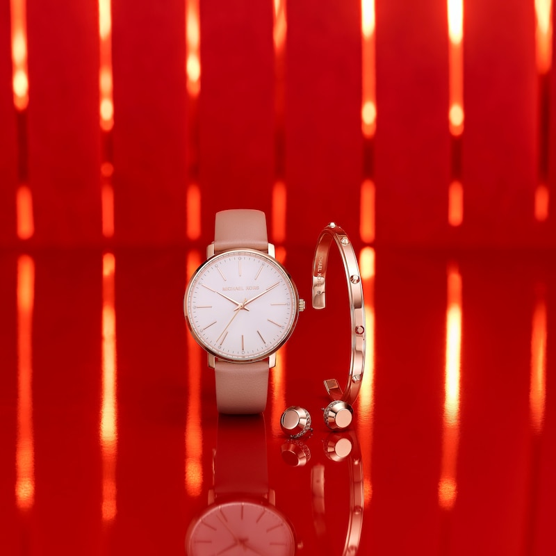 Main Image 4 of Michael Kors Ladies' Pyper Pink Leather Strap Watch And Stainless Steel Bracelet & Earring Gift Set