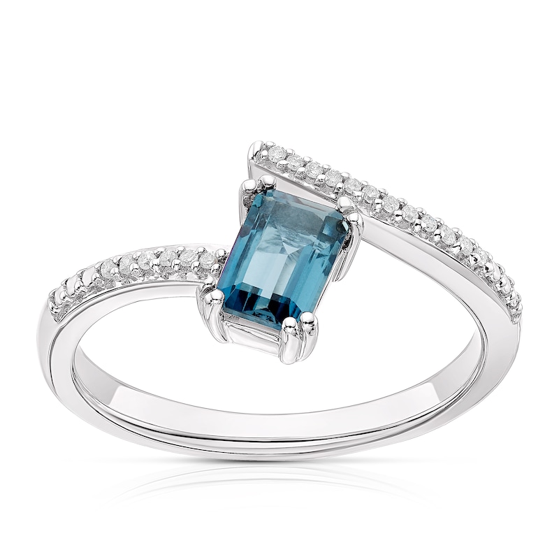 Main Image 1 of Sterling Silver Emerald-Cut London Blue Topaz Diamond Wrap Ring