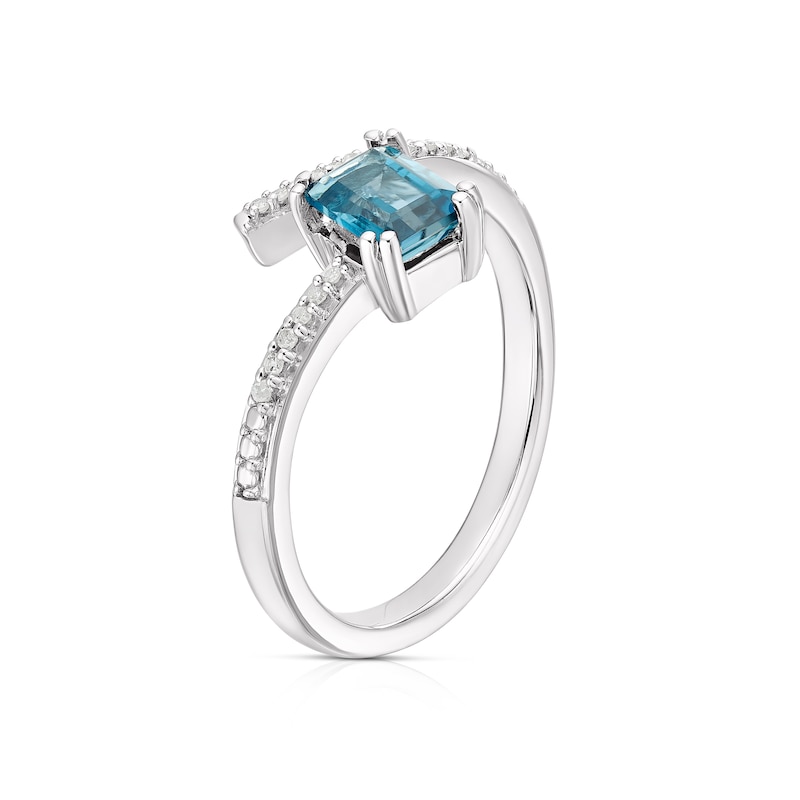 Main Image 2 of Sterling Silver Emerald-Cut London Blue Topaz Diamond Wrap Ring
