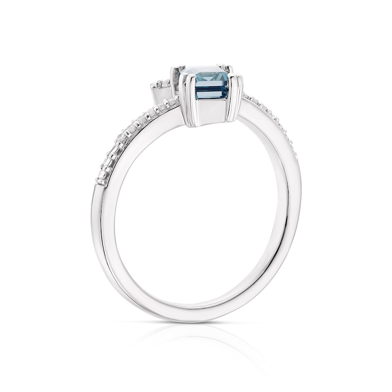 Main Image 3 of Sterling Silver Emerald-Cut London Blue Topaz Diamond Wrap Ring