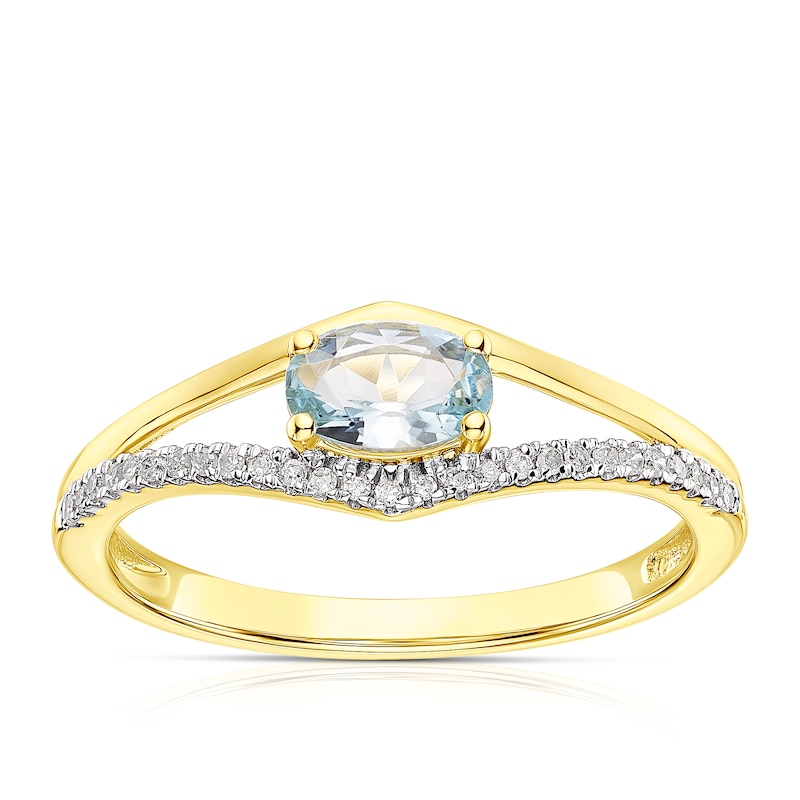 Main Image 1 of 9ct Yellow Gold Aquamarine and Diamond Ring