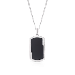 Men's Sterling Silver Onyx Cubic Zirconia Dog Tag Pendant Necklace