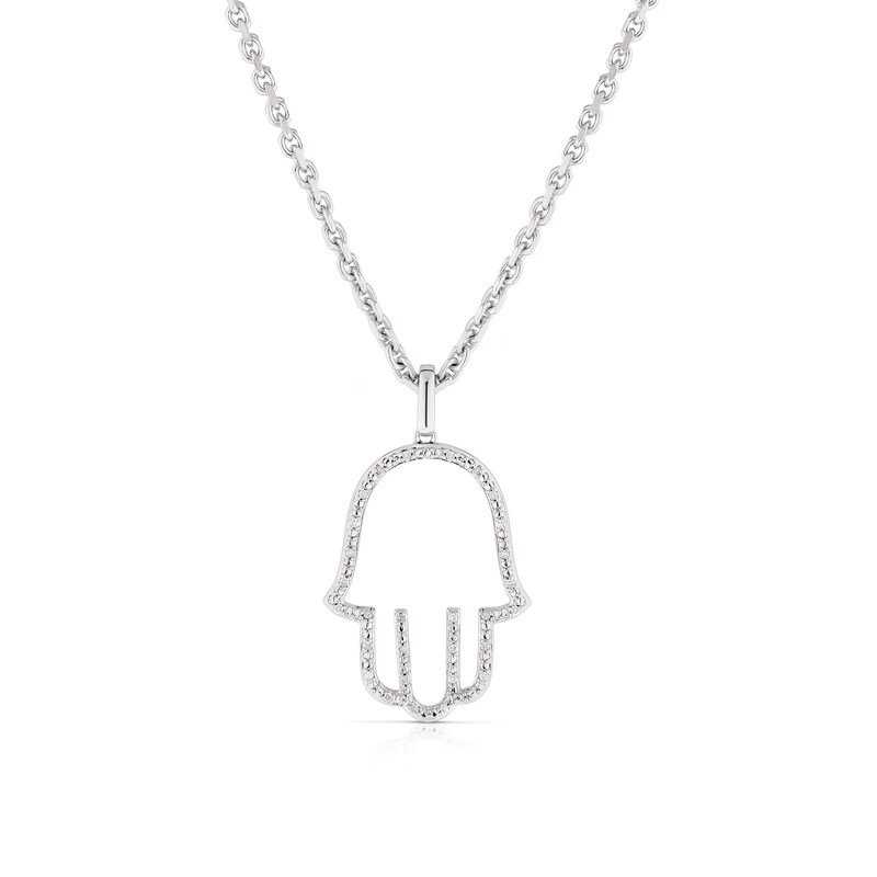 Men's Sterling Silver Men's Open Hamsa Hand Diamond Pendant Necklace