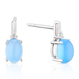 Sterling Silver Blue Chalcedony & Diamond Oval Stud Earrings