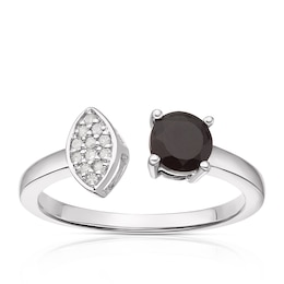 Sterling Silver Black Onyx Diamond Round Cut Two Stone Ring
