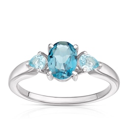9ct White Gold London and Swiss Blue Topaz Oval and Pear Cut Three Stone Ring