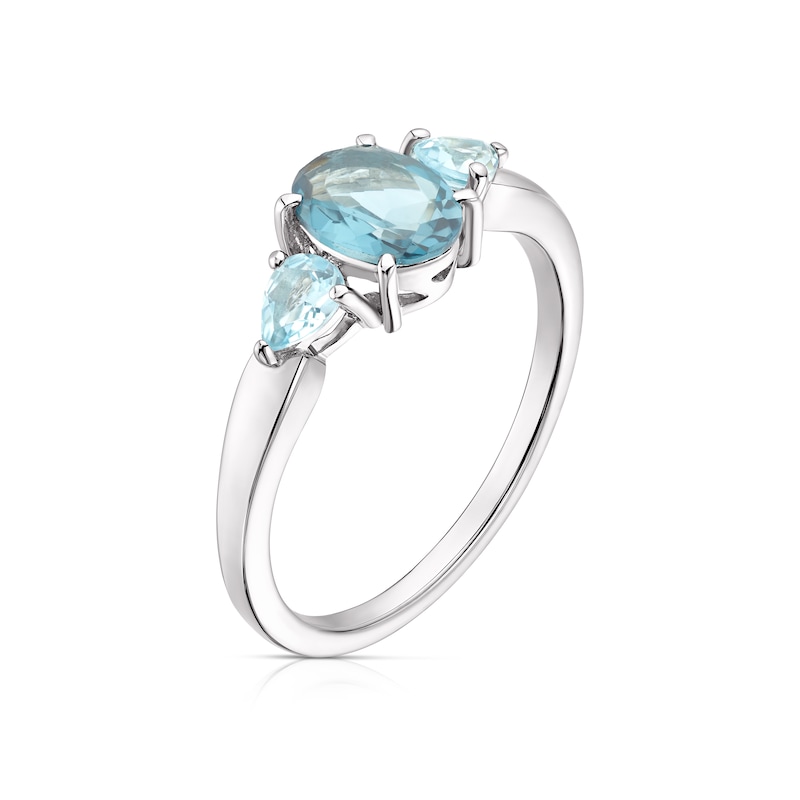 9ct White Gold London and Swiss Blue Topaz Oval and Pear Cut Three Stone Ring