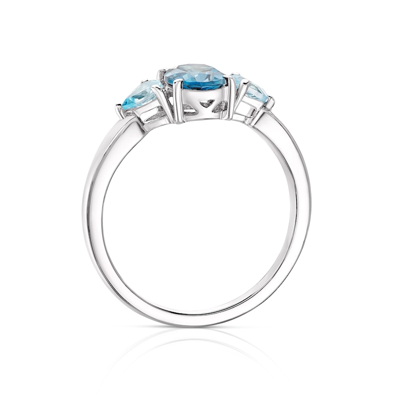 9ct White Gold London and Swiss Blue Topaz Oval and Pear Cut Three Stone Ring