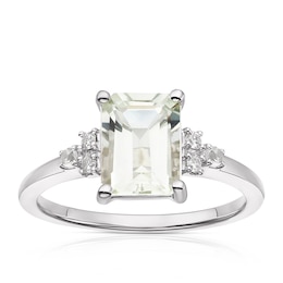 9ct White Gold Emerald-Cut Green Amethyst and Diamonds Ring