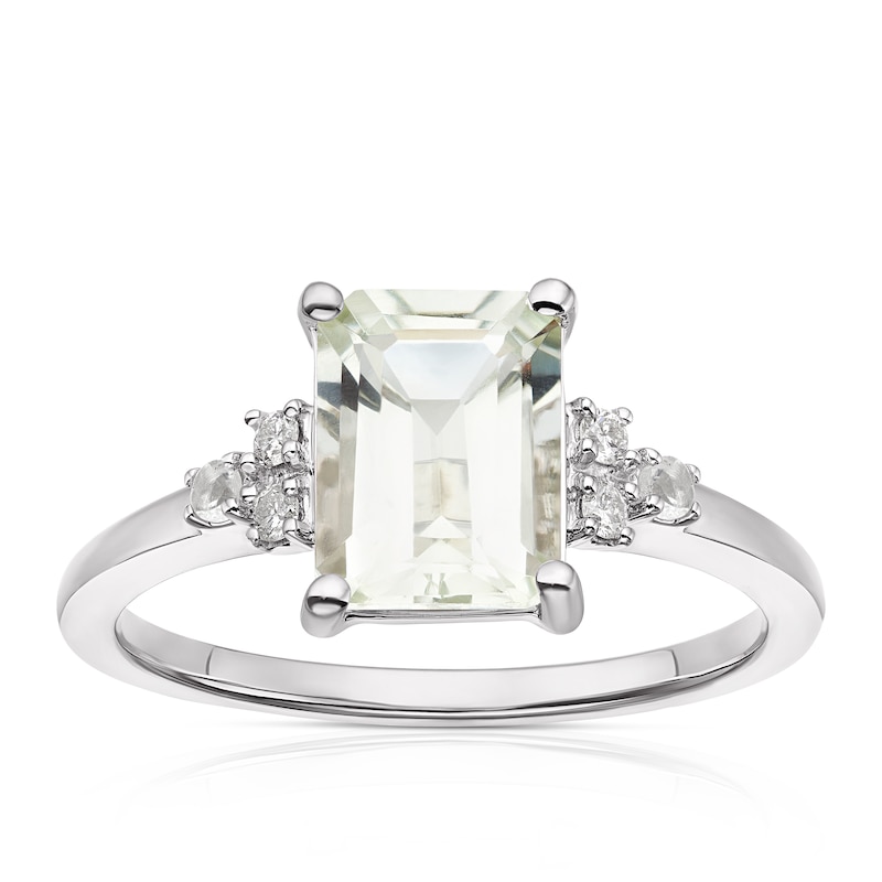 Main Image 1 of 9ct White Gold Emerald Cut Green Amethyst and Diamonds Ring