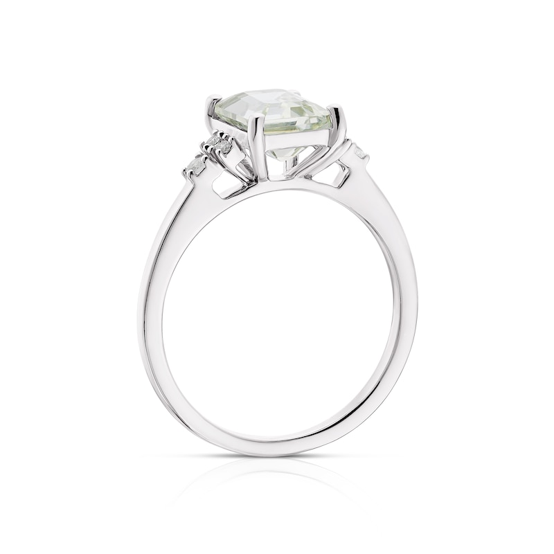 Main Image 3 of 9ct White Gold Emerald Cut Green Amethyst and Diamonds Ring