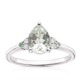 9ct White Gold Pear Cut Green Amethyst Mint Garnet Diamond Ring