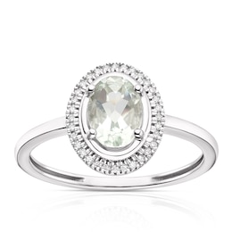 9ct White Gold Green Amethyst Diamond Oval Cut Halo Ring