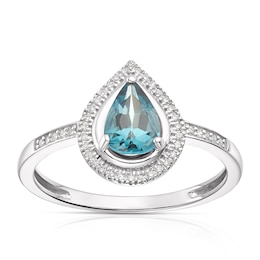 9ct White Gold London Blue Topaz Diamond Pear Cut Halo Ring
