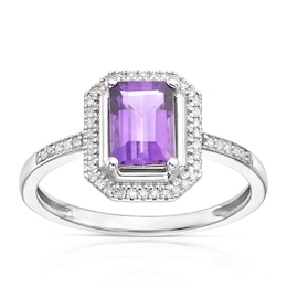 9ct White Gold Amethyst Radiant Cut Halo Ring