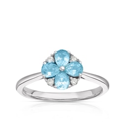 9ct White Gold Swiss Blue Topaz Diamond Flower Ring