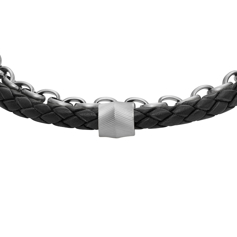 Main Image 2 of Fossil Men's Double Chain Black Plaited Leather & Stainless Steel Chain Bracelet