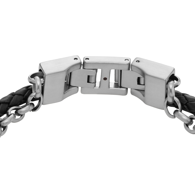 Main Image 3 of Fossil Men's Double Chain Black Plaited Leather & Stainless Steel Chain Bracelet
