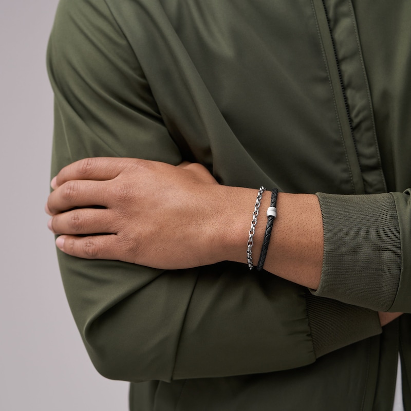 Main Image 4 of Fossil Men's Double Chain Black Plaited Leather & Stainless Steel Chain Bracelet