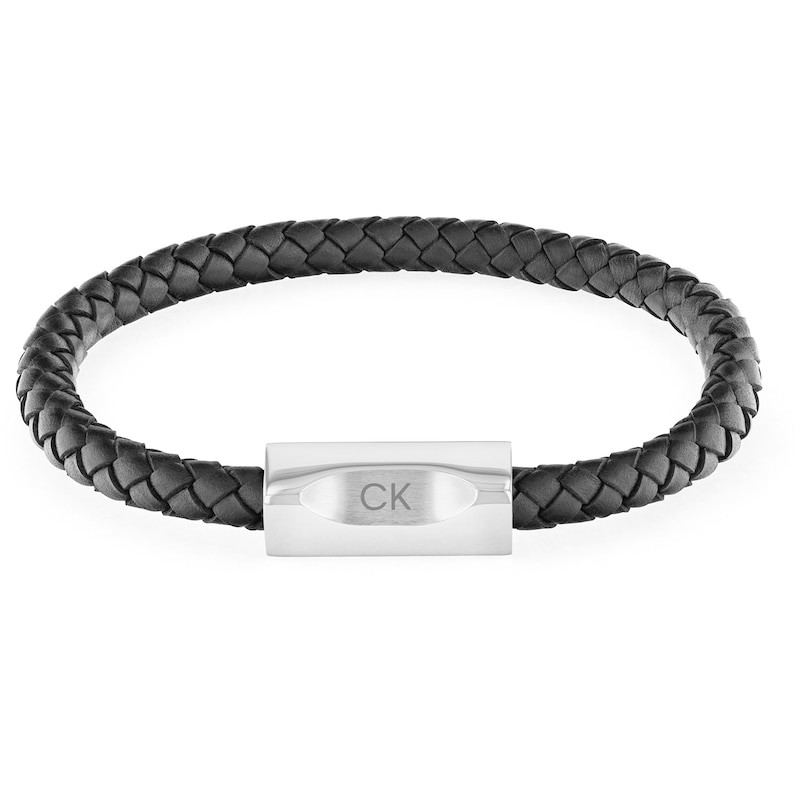 Calvin Klein Men's Plaited Black Leather &  Stainless Steel Minimalistic Bracelet