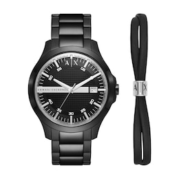 Armani Exchange Men's Black Stainless Steel Watch & Leather Bracelet Gift Set
