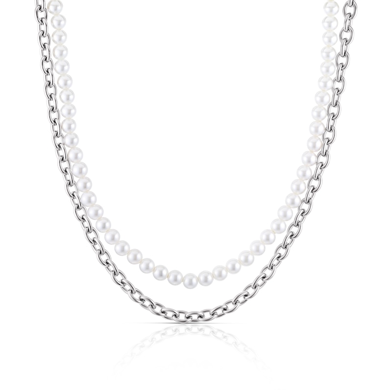 Stainless Steel Chain & Faux Pearl Strand Double Necklace