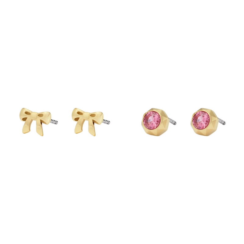 Fossil X Barbie Limited Edition Gold Tone Pink Crystal & Bow Earrings Set