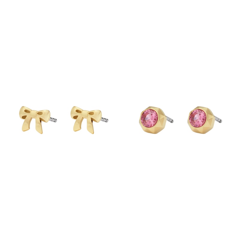 Main Image 1 of Fossil X Barbie Limited Edition Gold Tone Pink Crystal & Bow Earrings Set