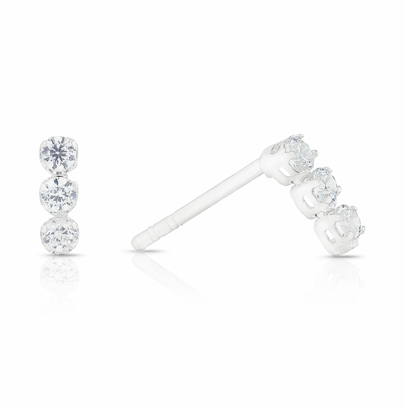 Main Image 1 of Sterling Silver Cubic Zirconia 3 Stone Stud Earrings