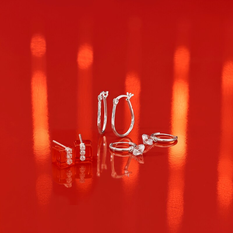 Main Image 3 of Sterling Silver Cubic Zirconia Drop Sleeper Hoops Earrings