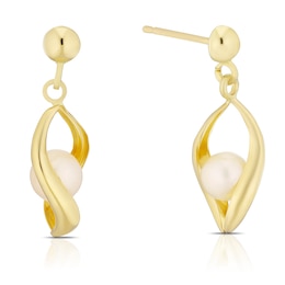9ct Yellow Gold Open Twist Cultured Freshwater Pearl Drop Earrings