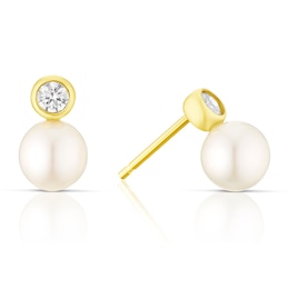 9ct Yellow Gold Cubic Zirconia & Cultured Freshwater Pearl Drop Stud Earrings