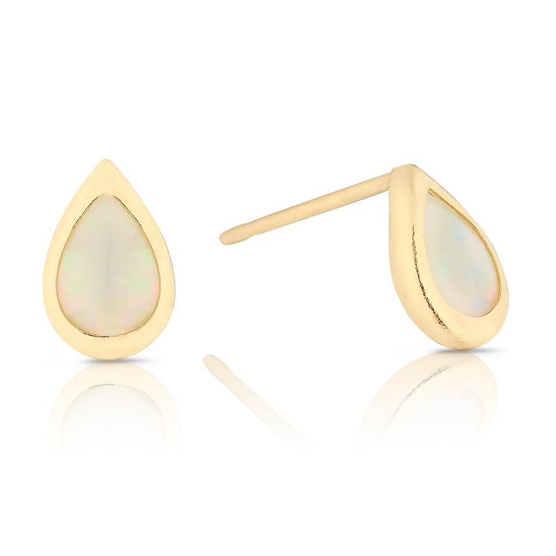 9ct Solid Yellow Gold Opal Teardrop Rubover Stud Earrings