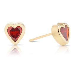 9ct Solid Yellow Gold Heart Garnet Cubic Zirconia Rubover Stud Earrings