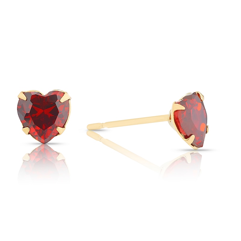 Main Image 1 of 9ct Solid Yellow Gold Garnet Heart Cubic Zirconia Stud Earrings