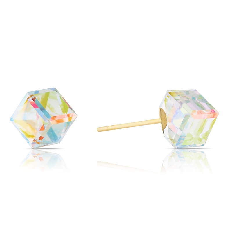 Main Image 1 of 9ct Yellow Gold Aurora Borealis Faceted 6mm Cube Stud Earrings