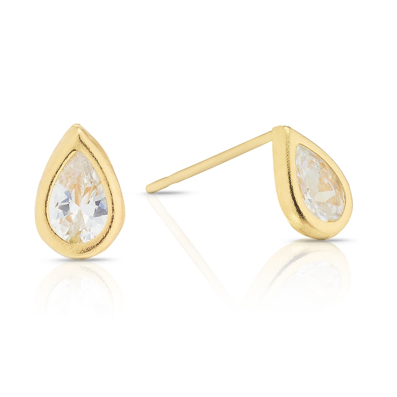 9ct Solid Yellow Gold Cubic Zirconia Teardrop Rubover Stud Earrings