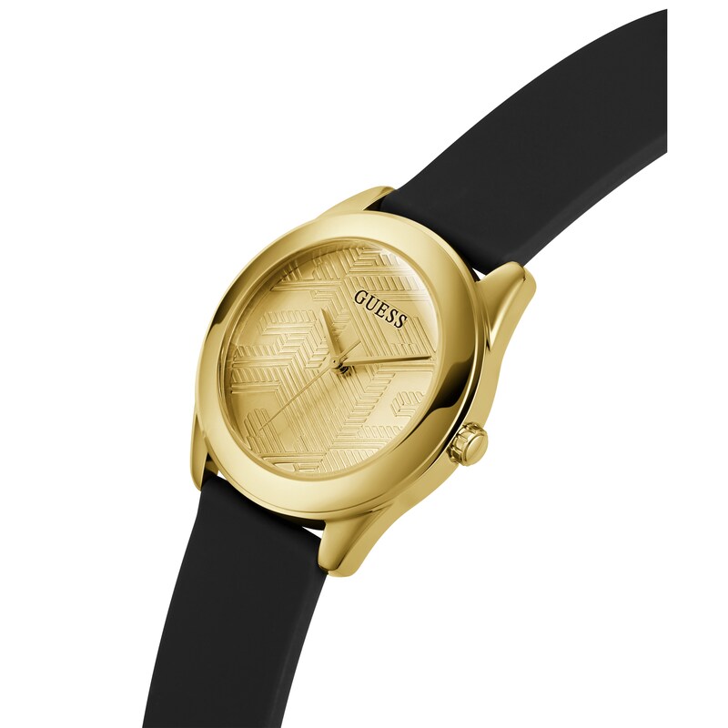 Main Image 5 of Guess Cubed Ladies' Gold Tone Patterned Dial Black Silicone Strap Watch