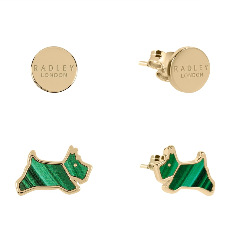 Main Image 1 of Radley Ladies' Dukes Place 18ct Gold Plated Round Disc & Green Malachite Coloured Resin Jumping Dog Earring Set