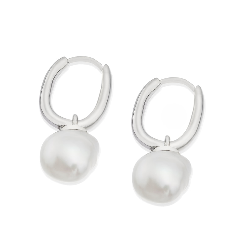 Emmy London Platinum Plated Sterling Silver Baroque Pearl Hoop Earrings