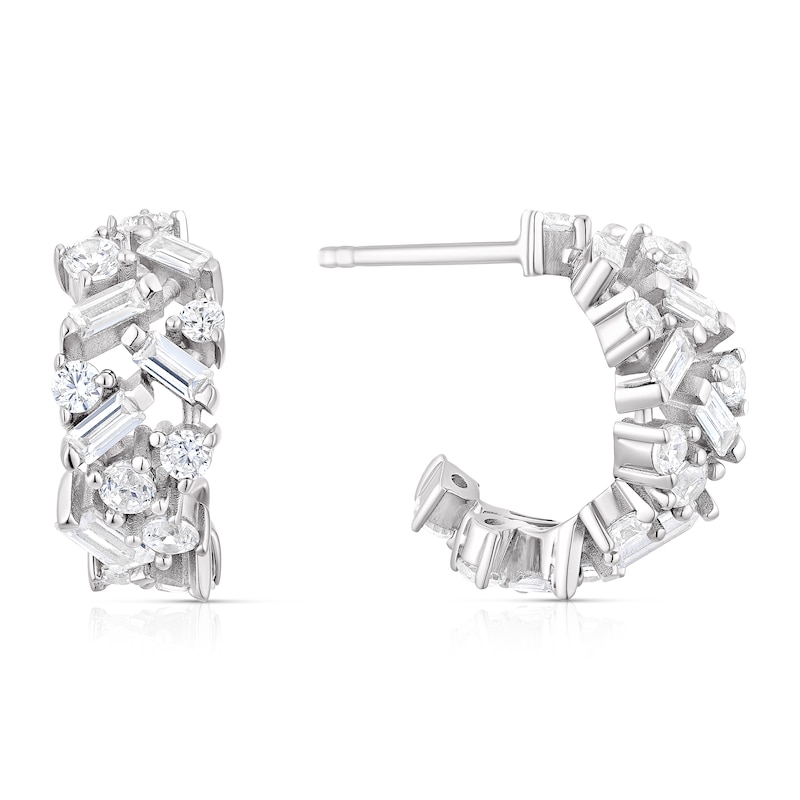 Emmy London Platinum Plated Sterling Silver Round and Baguette-Shaped Cubic Zirconia Cluster Chunky Hoop Earrings