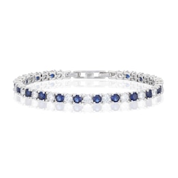 Emmy London Platinum Plated Sterling Silver Blue and Clear Round-Shaped Cubic Zirconia Stones Tennis Bracelet