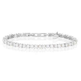 Emmy London Platinum Plated Sterling Silver Round Cubic Zirconia and White Pearls Tennis Bracelet