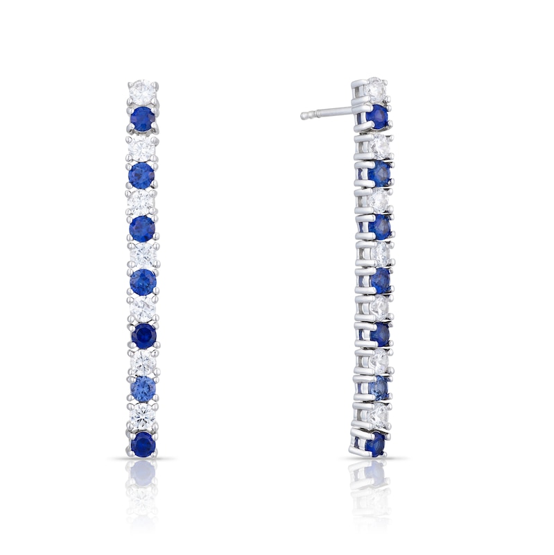 Emmy London Platinum Plated Sterling Silver Blue and Clear Round Cubic Zirconia Drop Earrings