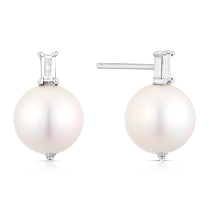 Emmy London Platinum Plated Sterling Silver Baguette-Shaped Cubic Zirconia and Pearl Drop Stud Earrings