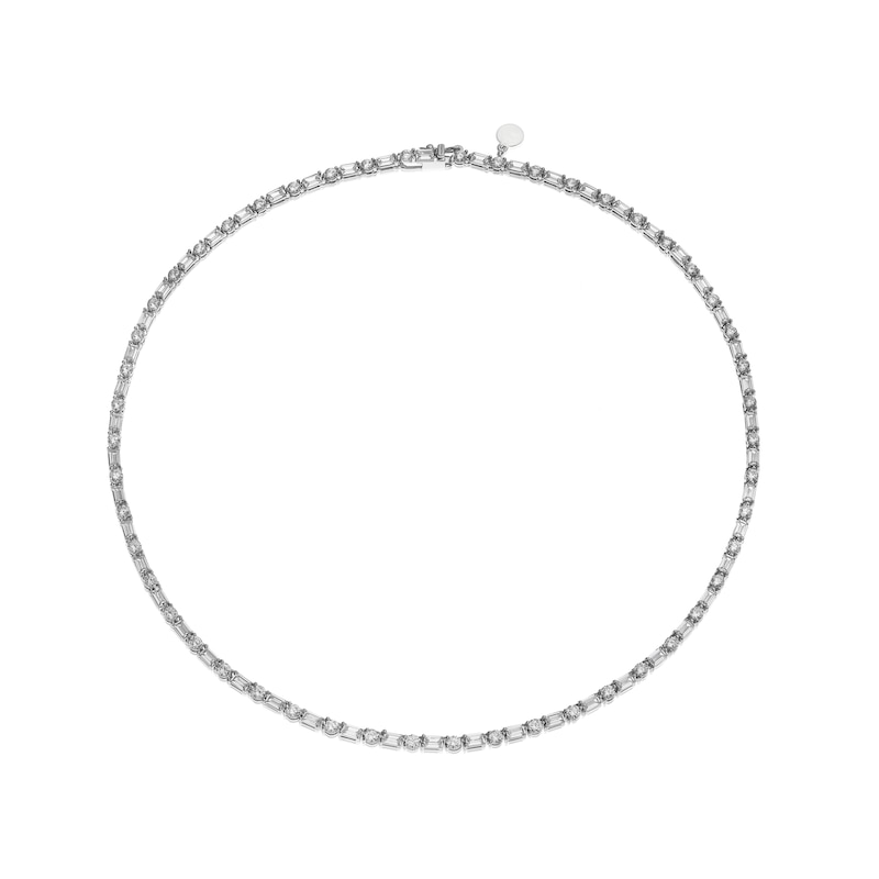 Emmy London Platinum Plated Sterling Silver Round and Baguette-Shaped Cubic Zirconia Tennis Necklace