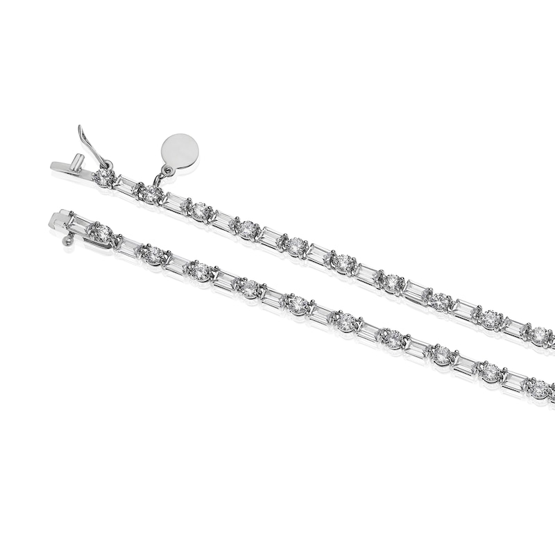 Emmy London Platinum Plated Sterling Silver Round and Baguette-Shaped Cubic Zirconia Tennis Necklace